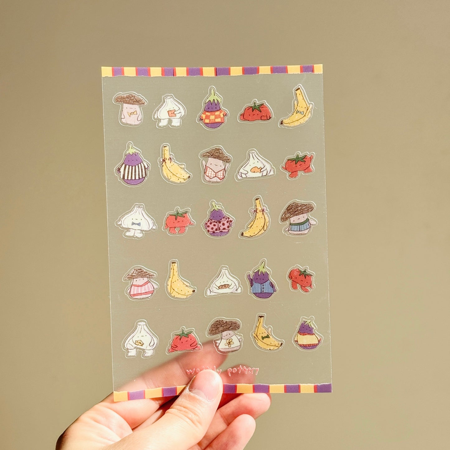 Doodle Mushroom Garlic Eggplant Matte Clear Vinyl Sticker Sheet